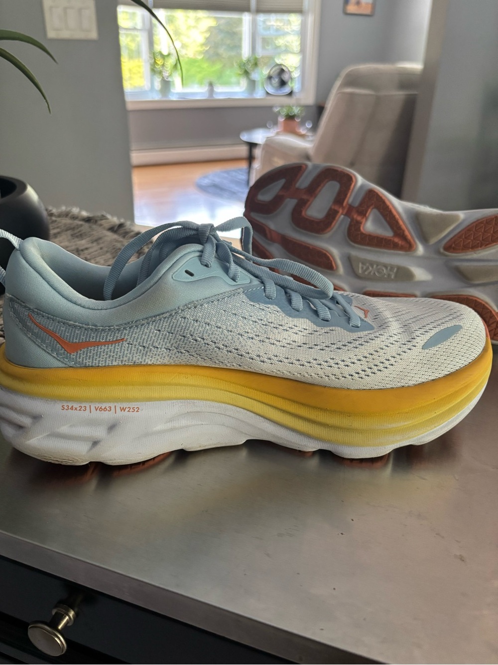 Hoka One One Light Blue Sneakers with Yellow Midsole and Coral Logo - Picture 2 of 5